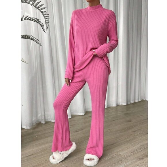 Contemporary Mock Neck Drop Shoulder Tee & Pants Coord Set Pink - Picture 2 of 5